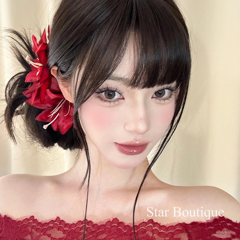 复古超仙氛围感红色花朵发夹女唯美新中式侧边夹发饰辣妹拍照头饰