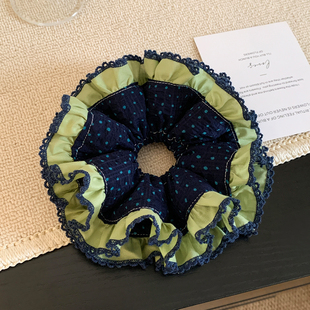 韩系藏青色波点双层大肠发圈女高级感超大号丸子头低马尾头绳头饰