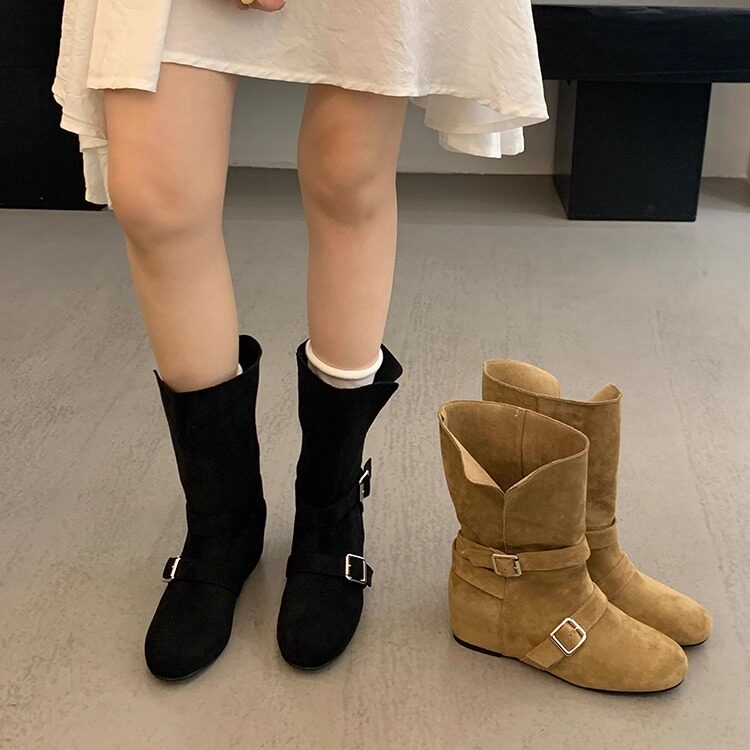 复古风~时尚内增高小短靴女秋冬新款翻领扣带西部中筒平底弹力靴