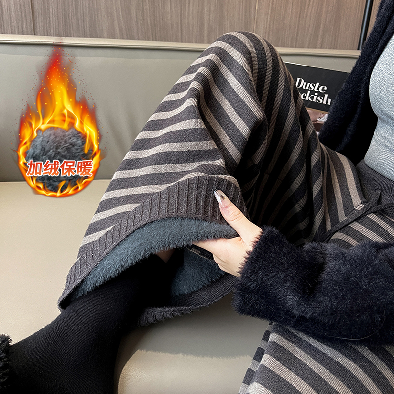 加绒灰色条纹针织阔腿裤女秋冬高腰宽松慵懒松弛感直筒软糯米裤子