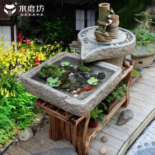 水磨坊中式创意景观流水喷泉阳台造景鱼池摆件庭院假山循环水装饰