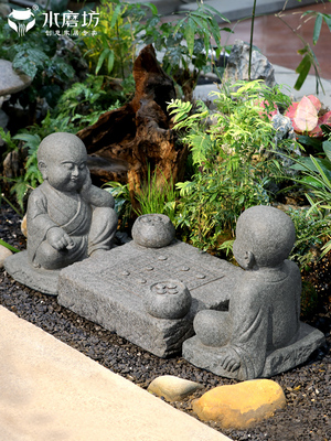 中式禅意空间下棋对弈沙弥装饰户外园林景观布置庭院花园造景摆件