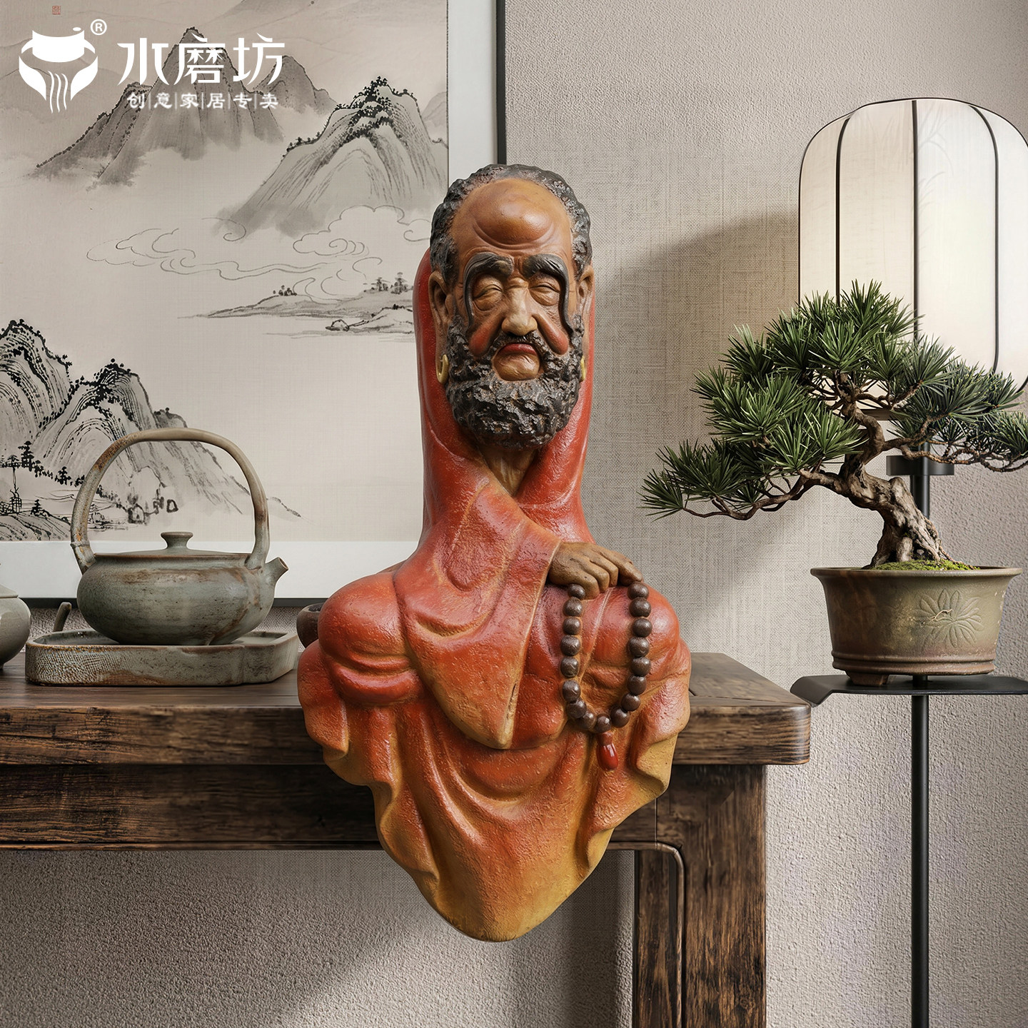 水磨坊中式美学装饰达摩祖师像人物造景客厅茶室氛围布置禅意摆件