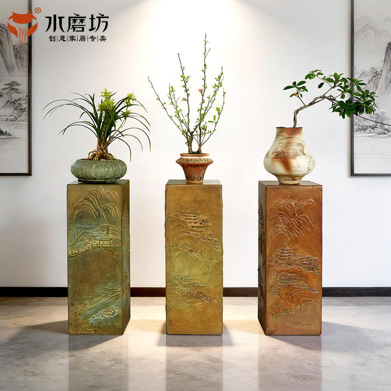 水磨坊新中式仿石柱墩子办公室盆栽花盆底座客厅玄关装饰落地摆件