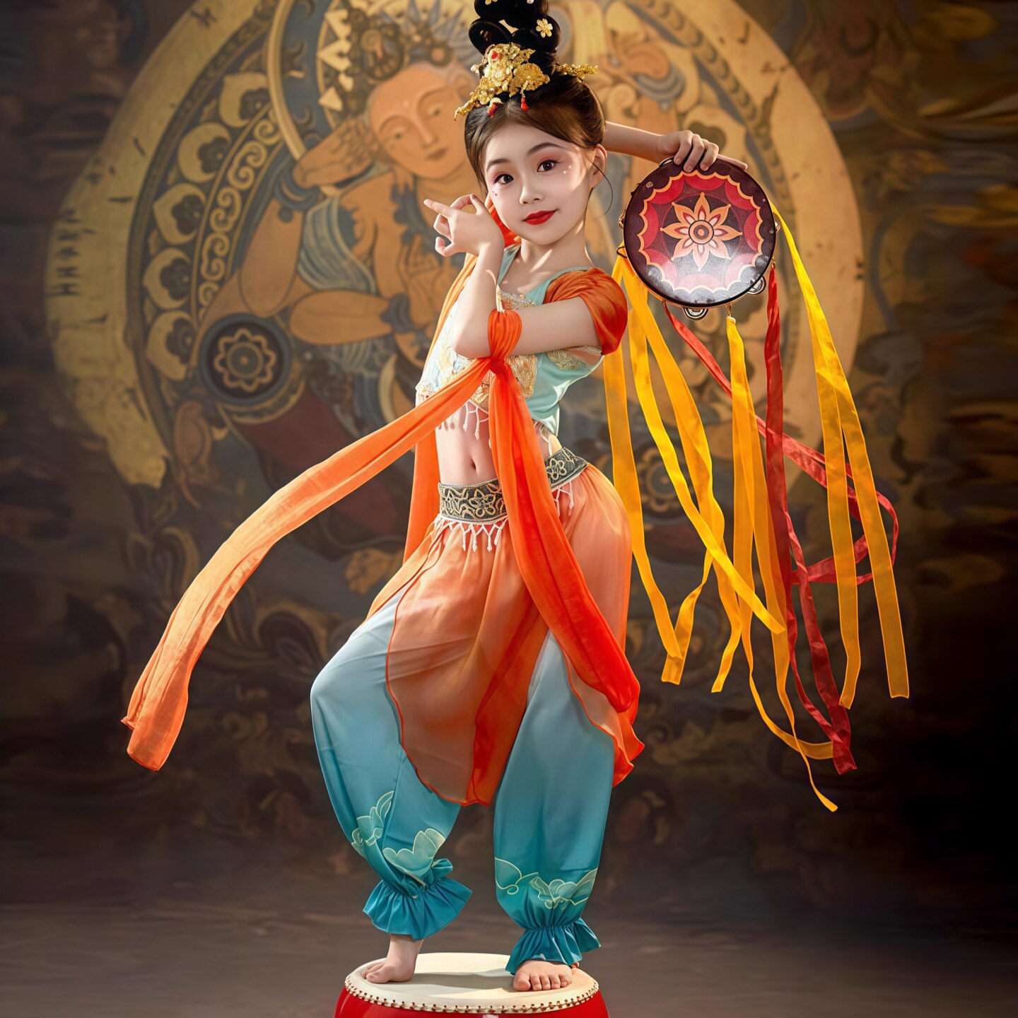 敦煌飞天儿童古典舞反弹琵琶表演服女童飘逸中国风汉服舞蹈演出服