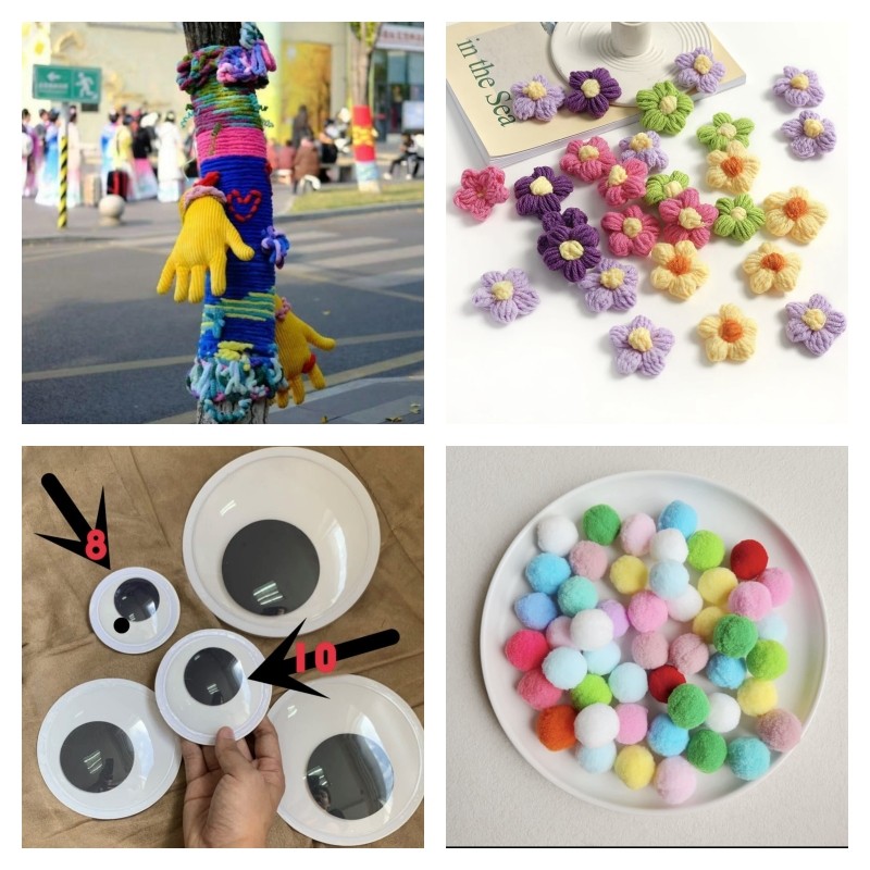 手工diy小红花编织毛线泡芙花