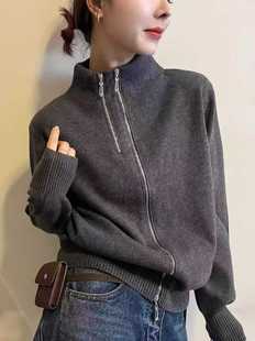 2025冬季新款显瘦立领双拉链纯色针织开衫女百搭毛衣外套上衣