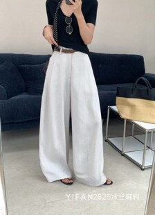 2026夏季新款韩版时尚百搭高腰百搭休闲裤女宽松冰丝麻料阔腿裤