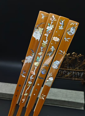 95寸16方精品老玉竹嵌螺钿折扇 苏工纯手工