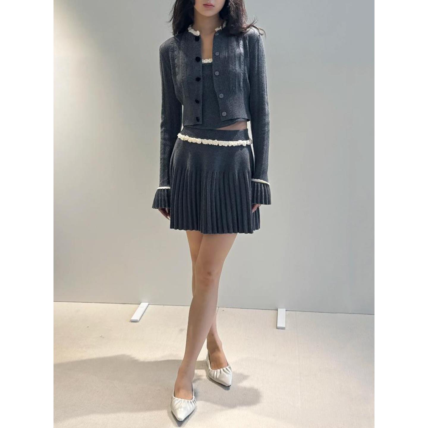 maSande法国O家25秋新品女装法式手钩花玫瑰针织开衫+背心+半身裙