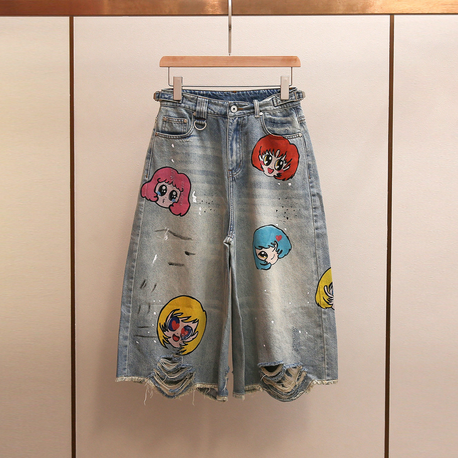 maSande深圳南油高端女装夏季新款韩版时髦洋气卡通印花破洞直筒