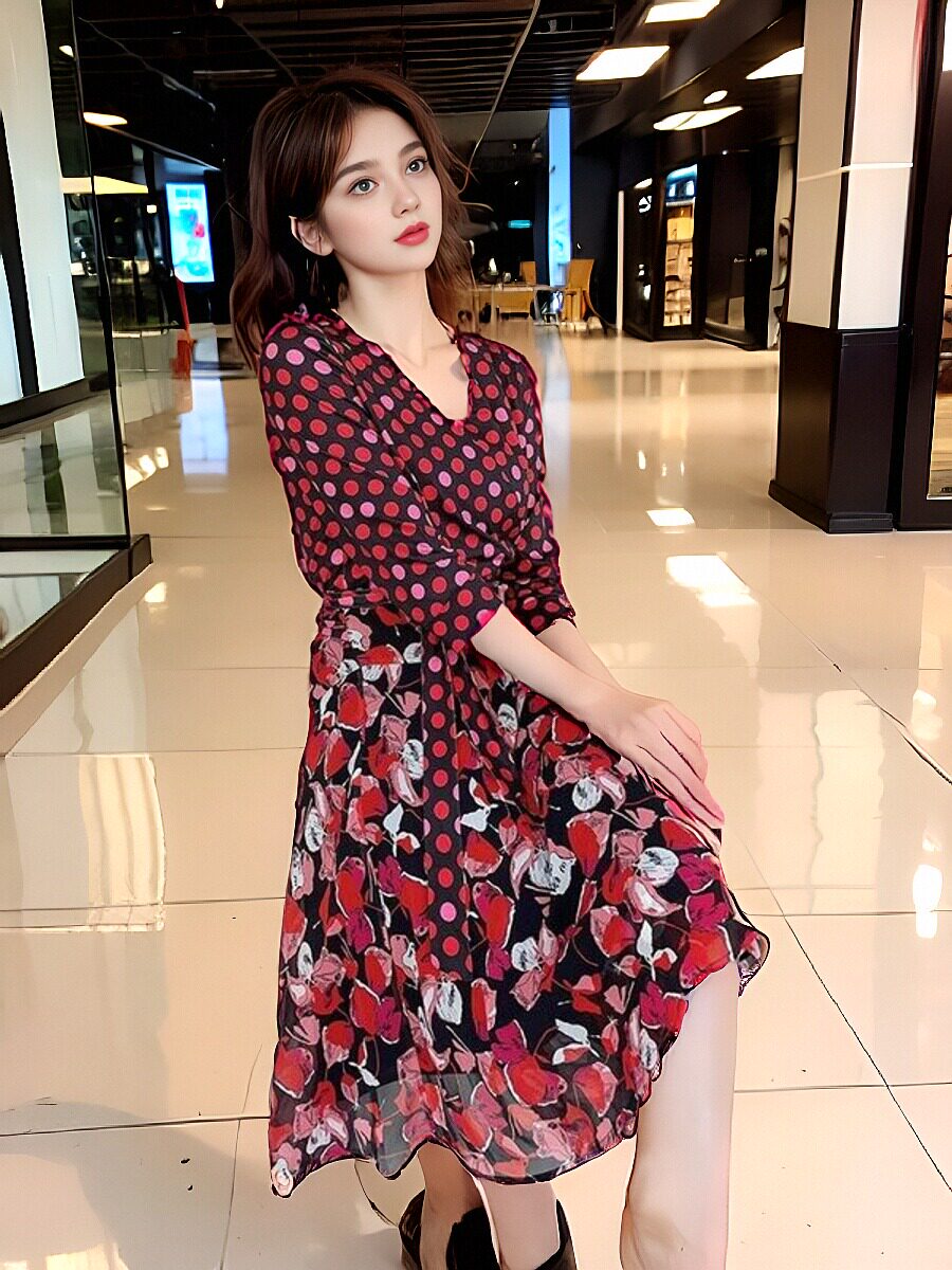 PG DVF2024早春新款波点印花拼接红色花瓣真丝连衣裙气质优雅收腰