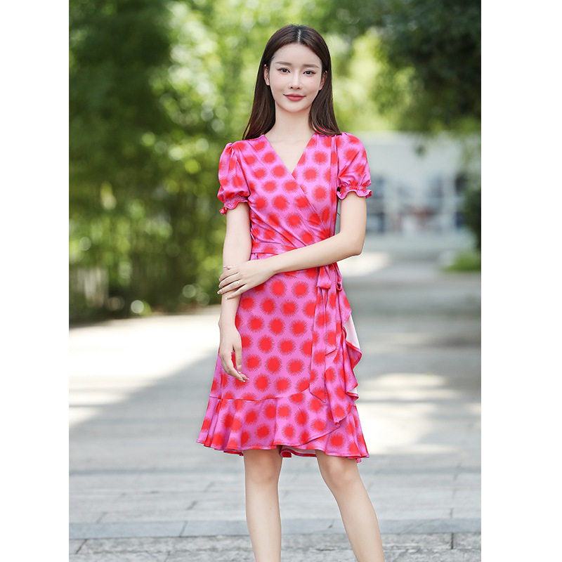 PG DVF连衣裙2023夏季新款气质V领玫瑰粉太阳花一片式短款裹身裙