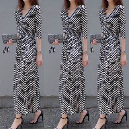 PG DVF2023连衣裙春夏新品V领印花七分袖修身显瘦裹身裙中长款