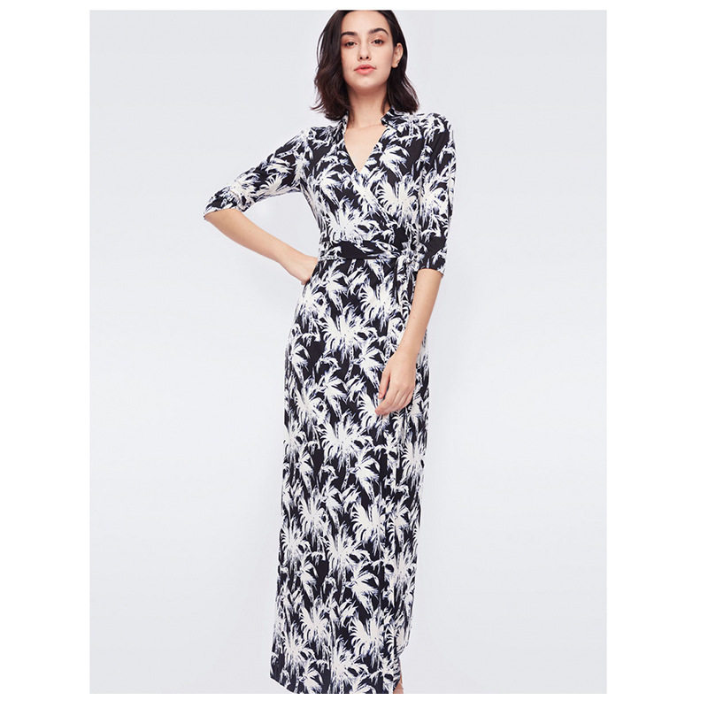 PG DVF新款椰子树印花七分袖翻领绑带长款裹身裙时尚显高包臀开叉