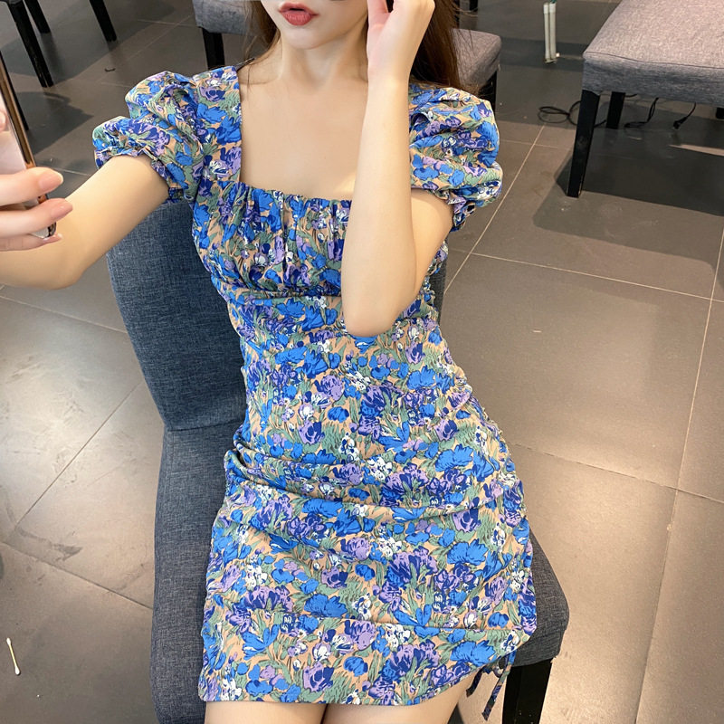 PG DVF方领短袖裙子女韩版 女装2023夏季新款潮短款连衣裙 性感修