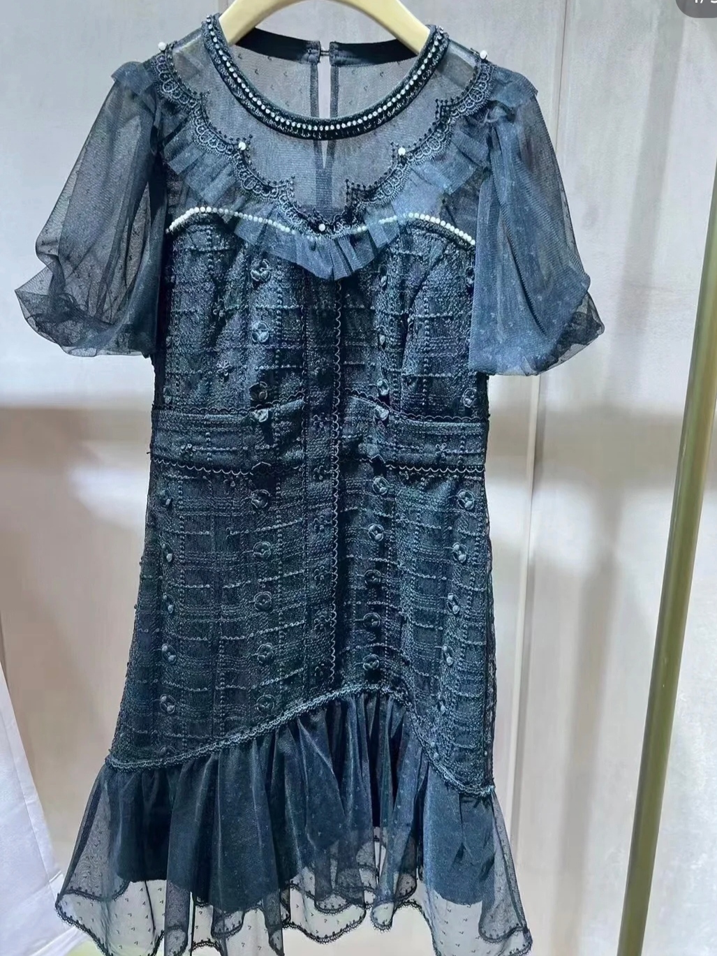 知恩GCCG正品新款夏网纱拼接蕾丝短袖连衣裙女气质收腰显瘦礼服裙