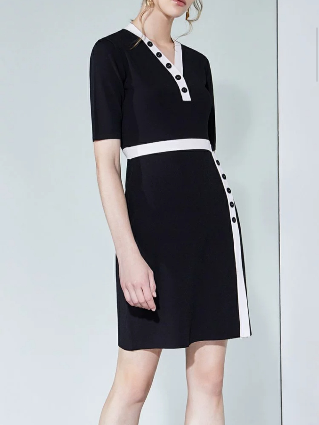 欧家正品夏季黑标短袖v领修身气质小黑裙针织连衣裙女1RH303636F