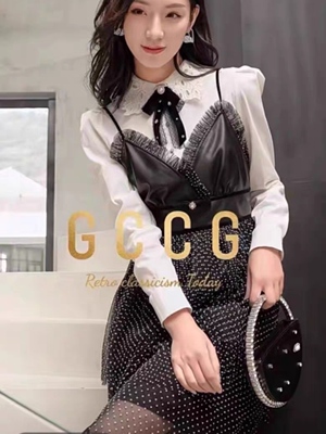 知恩GCCG正品吊带连衣裙复古风波点网纱拼接吊带裙设计感外搭7639