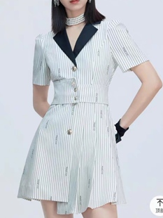 欧五加5+正品春夏复古甜酷连衣裙女拼接翻领条纹西装裙2NN3081210