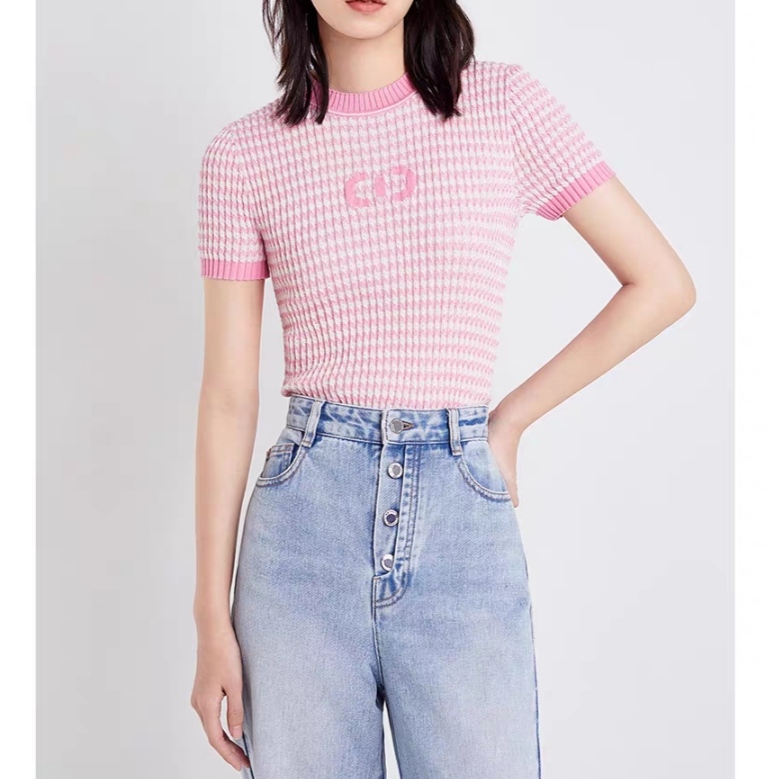 欧家正品新款提花罗纹修身上衣短袖针织衫上衣圆领女1NY103024F