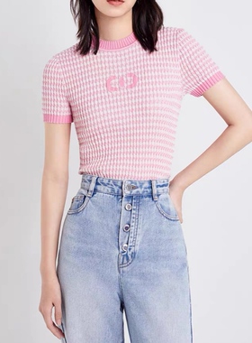 欧家正品新款提花罗纹修身上衣短袖针织衫上衣圆领女1NY103024F