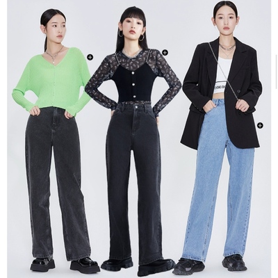 欧五加5+正品新款女休闲炸街牛仔阔腿高腰显瘦宽松洗水直筒长裤子