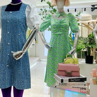 欧五加5+正品女夏碎花长裙踏青茶歇绿色连衣裙子开叉收腰显瘦加小