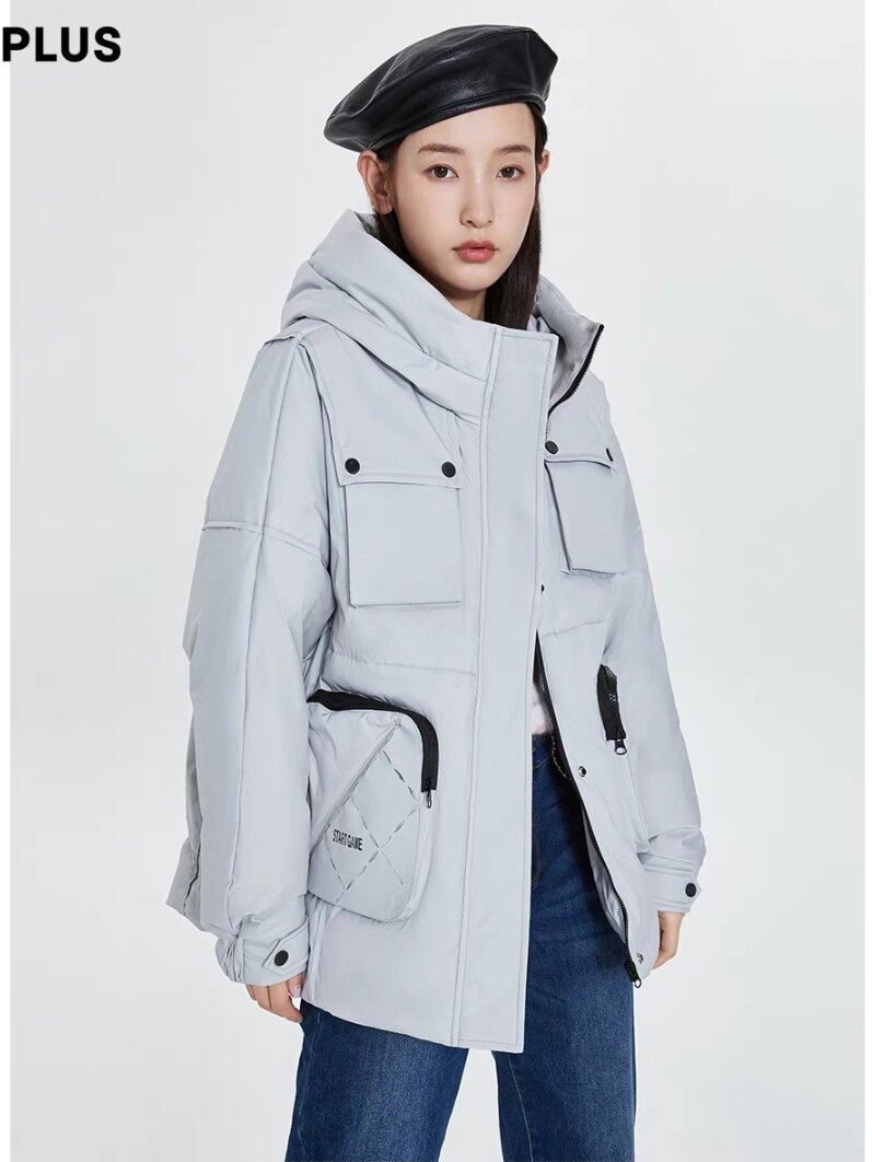 欧五加5+正品冬保暖百搭连帽bf工装口袋短款羽绒服90白鸭绒外套灰