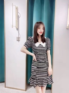 知恩GCCG正品连衣裙夏季新品甜美条纹减龄小个子娃娃领花边7220