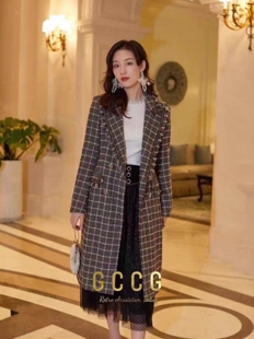 Gcc知en复古风粗花呢格子外套长款毛呢大衣轻奢成熟秋冬2010