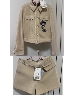 欧五加5+正品联名娃娃图案刺绣灯芯绒衬衫外套女单排扣翻领上衣