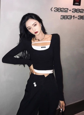 欧家正品新款运动风假两件拼色长袖T恤女打底休闲百搭1WY102074F