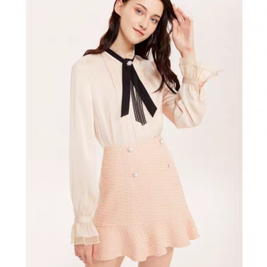 欧五加5+正品新款女春秋长袖雪纺衬衫蝴蝶领结喇叭袖上衣宽松打底