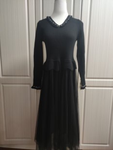 知恩GCCG正品春秋新款赫本风v领钉珠拼接纱裙长袖针织连衣裙5990