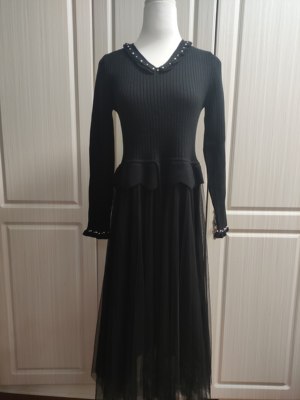 知恩GCCG正品春秋新款赫本风v领钉珠拼接纱裙长袖针织连衣裙5990