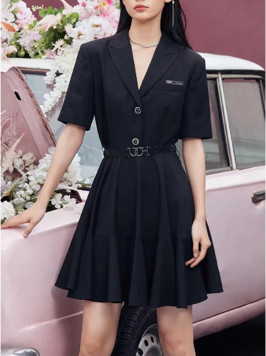 欧家正品夏季新款女西装领送腰带西装式职业气质连衣裙1WH2085290