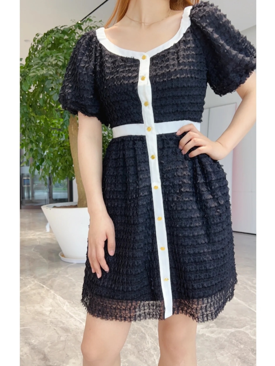 欧家正品夏季新款单排扣撞色显瘦气质蕾丝小香风连衣裙1NY2080650