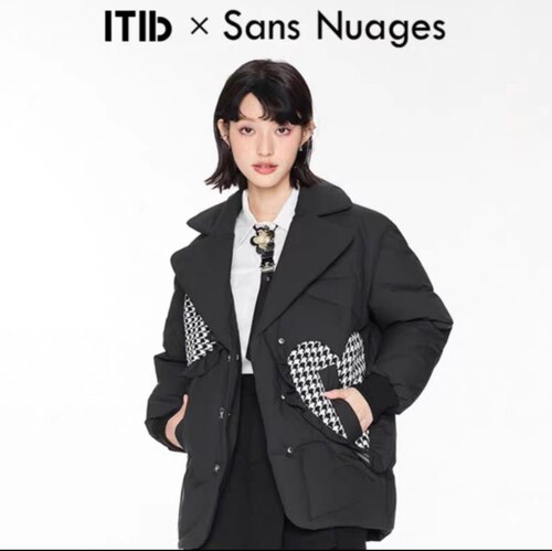 ITIB正品冬季设计师联名款翻领可爱千鸟格纹爱心拼接白鸭绒羽绒服