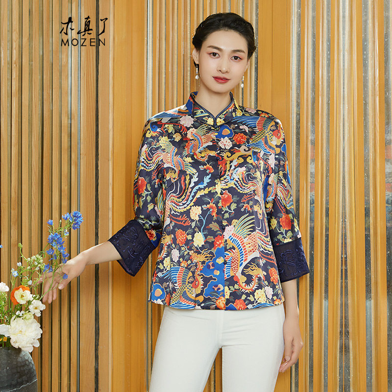 木真了真丝印花外套女装新品中式拼接绣花宽松桑蚕丝唐装上衣960