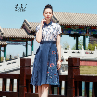 木真了商场同款真丝旗袍女裙新品中式刺绣夏季短袖A摆连衣裙102