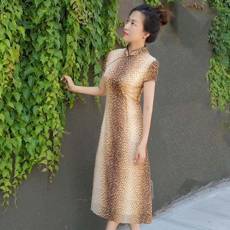 木真改良中式连衣裙修身复古豹纹