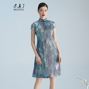木真了桑蚕丝单层弹力旗袍裙薄款夏季女短袖真丝A摆连衣裙607