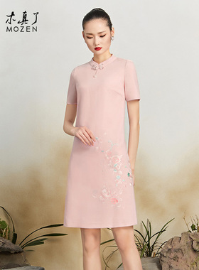 木真了改良毛呢时尚女裙新品中式花卉刺绣A摆短款羊毛连衣裙907