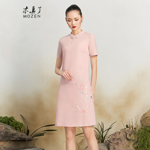 木真了改良毛呢时尚女裙新品中式花卉刺绣A摆短款羊毛连衣裙907