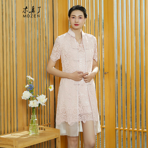 蕾丝提花面料 镶钻 拼接桑蚕丝 中式立领