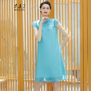 木真了复古夏日雪纺宽松A摆连衣裙新品女装海水刺绣薄款女裙966