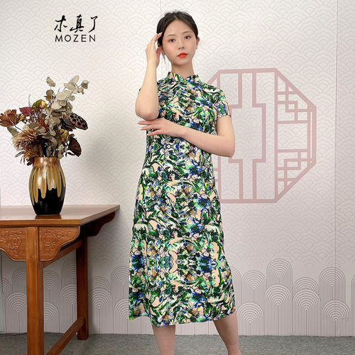木真改良旗袍新品中式印花雪纺