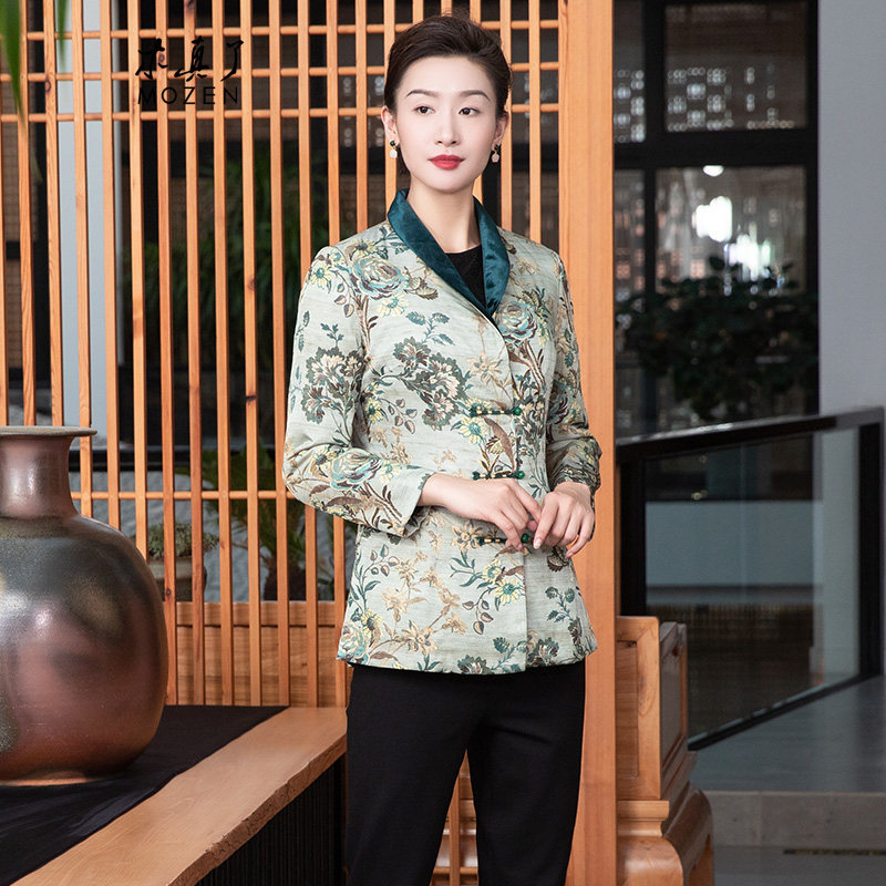 木真了改良唐装上衣新品古典花卉印花夹棉保暖修身棉外套302