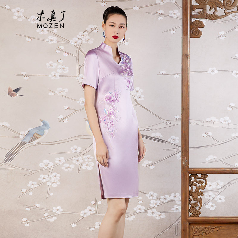 木真了中式改良女装修身连衣裙新品中国风牡丹绣花唐装短旗袍201